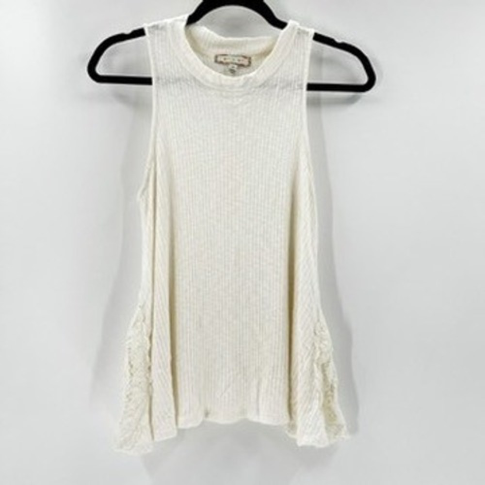 eri + ali Women's Cream Ribbed Lace Side‎ Tank Top XS Sleeveless